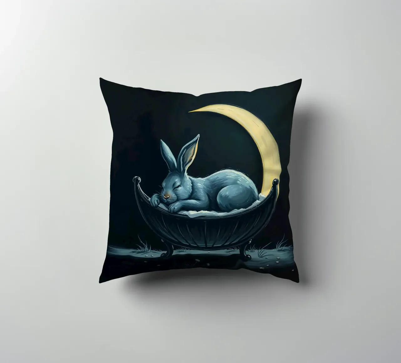 Scena notturna che ritrae un coniglio pacificamente addormentato in una culla cuscino da DesignDoodle