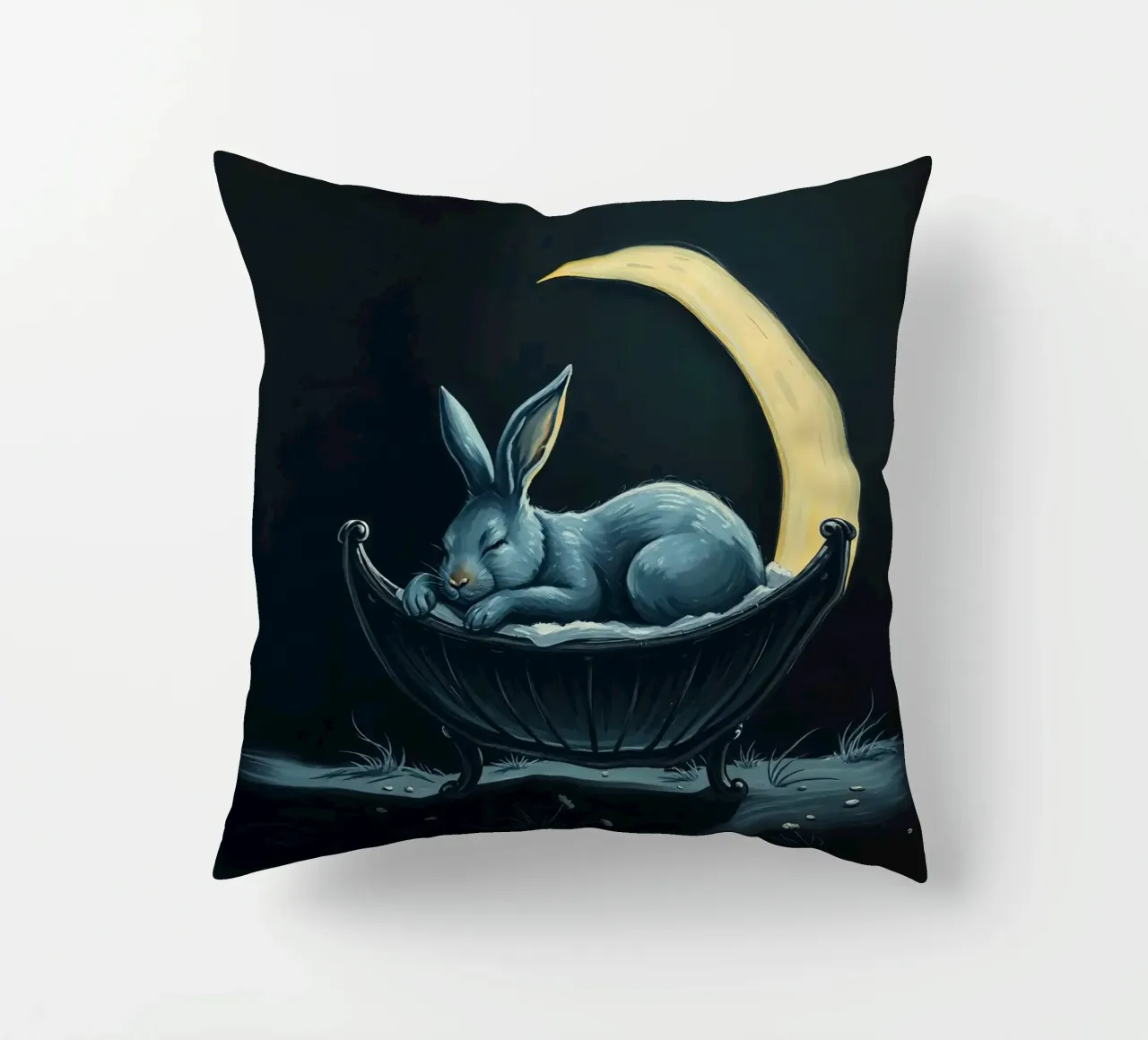 Scena notturna che ritrae un coniglio pacificamente addormentato in una culla cuscino da DesignDoodle