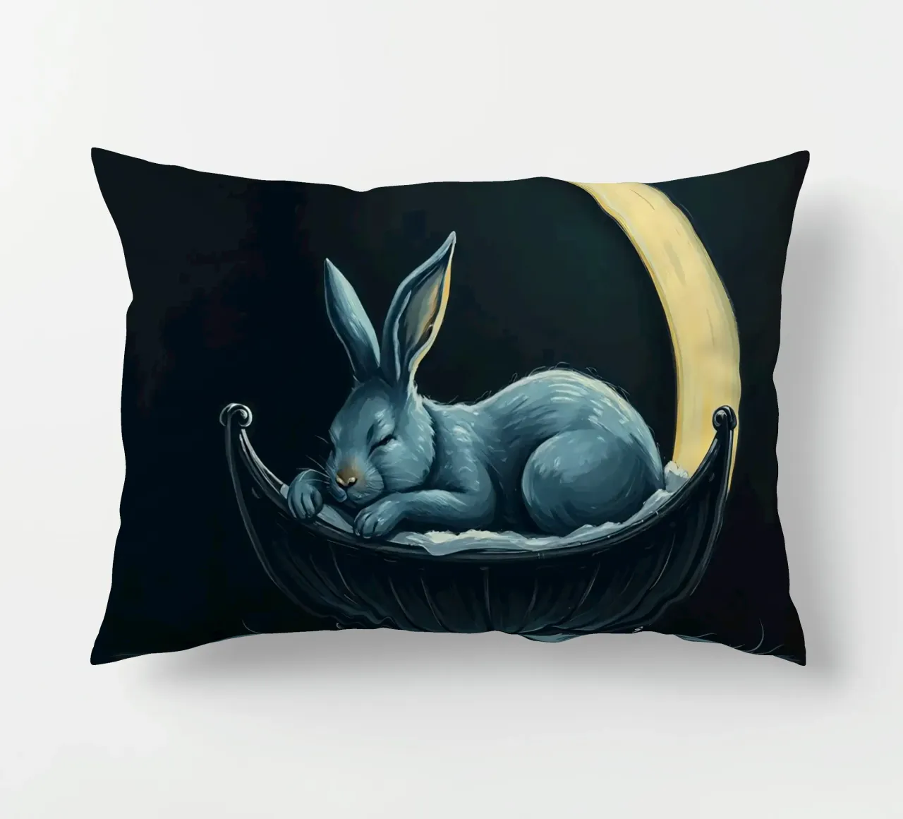 Scena notturna che ritrae un coniglio pacificamente addormentato in una culla cuscino da DesignDoodle