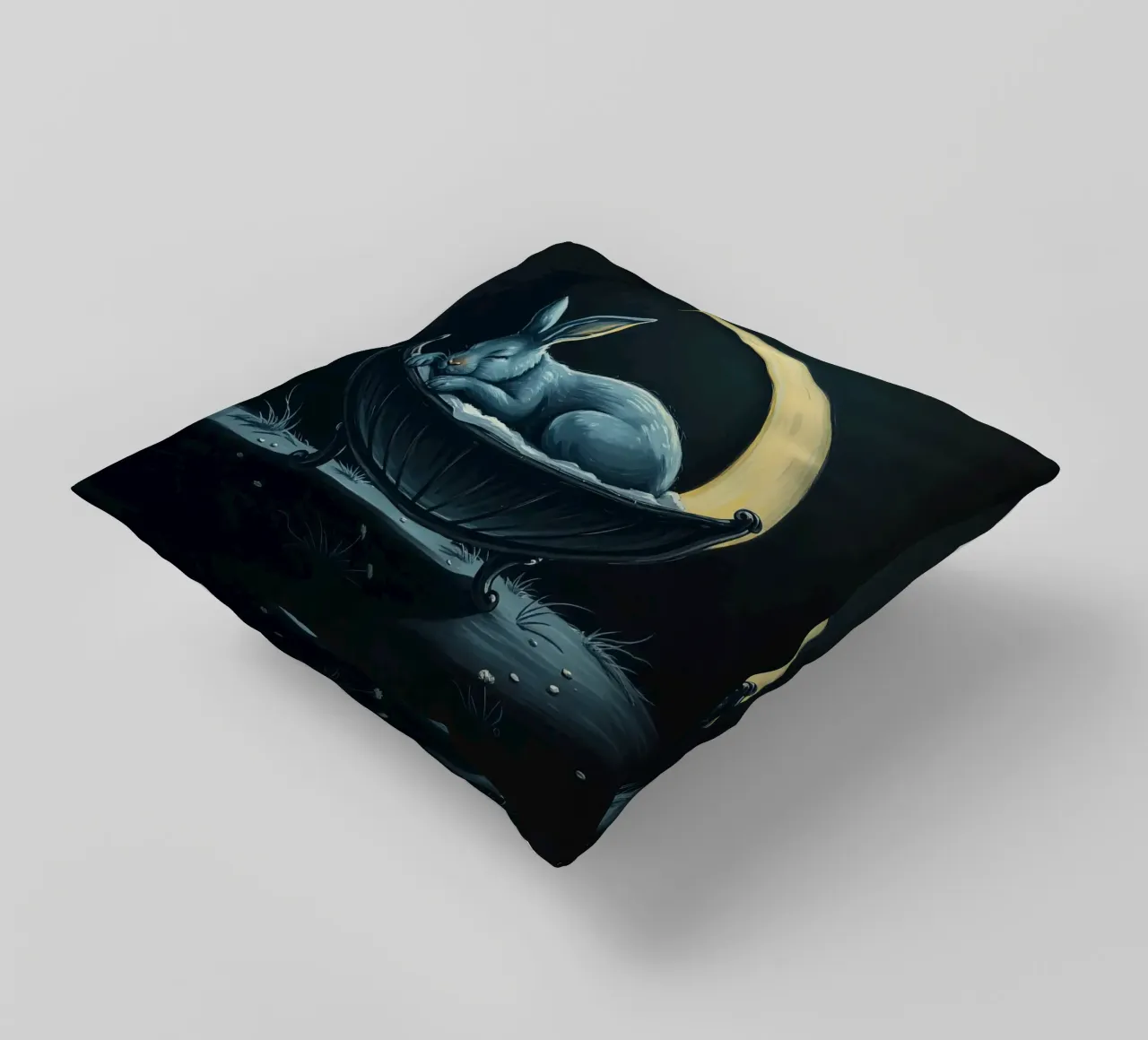 Scena notturna che ritrae un coniglio pacificamente addormentato in una culla cuscino da DesignDoodle