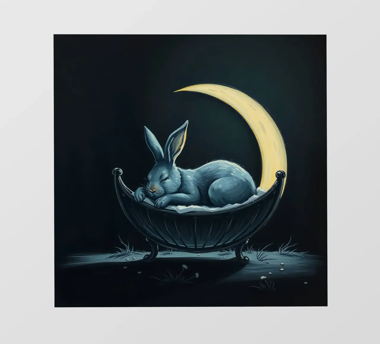 Scena notturna che ritrae un coniglio pacificamente addormentato in una culla telo in pvc da DesignDoodle