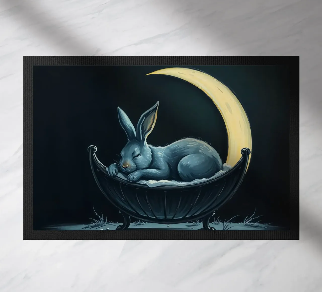 Scena notturna che ritrae un coniglio pacificamente addormentato in una culla zerbino da DesignDoodle