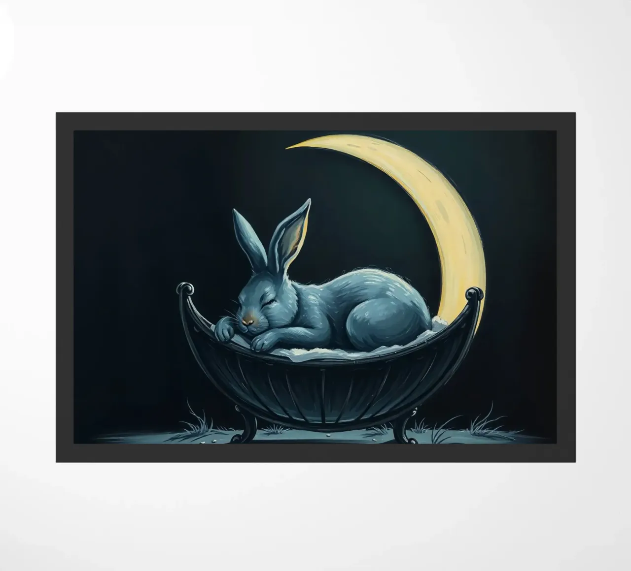 Scena notturna che ritrae un coniglio pacificamente addormentato in una culla zerbino da DesignDoodle