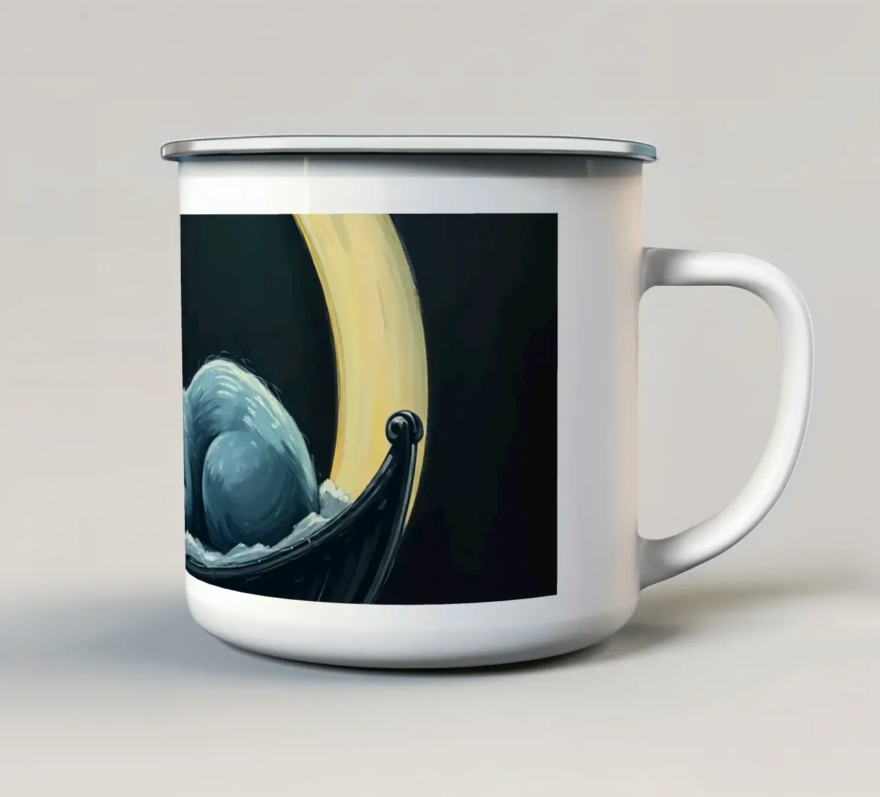 Scène nocturne représentant un lapin paisiblement endormi dans un berceau mug en émail de DesignDoodle