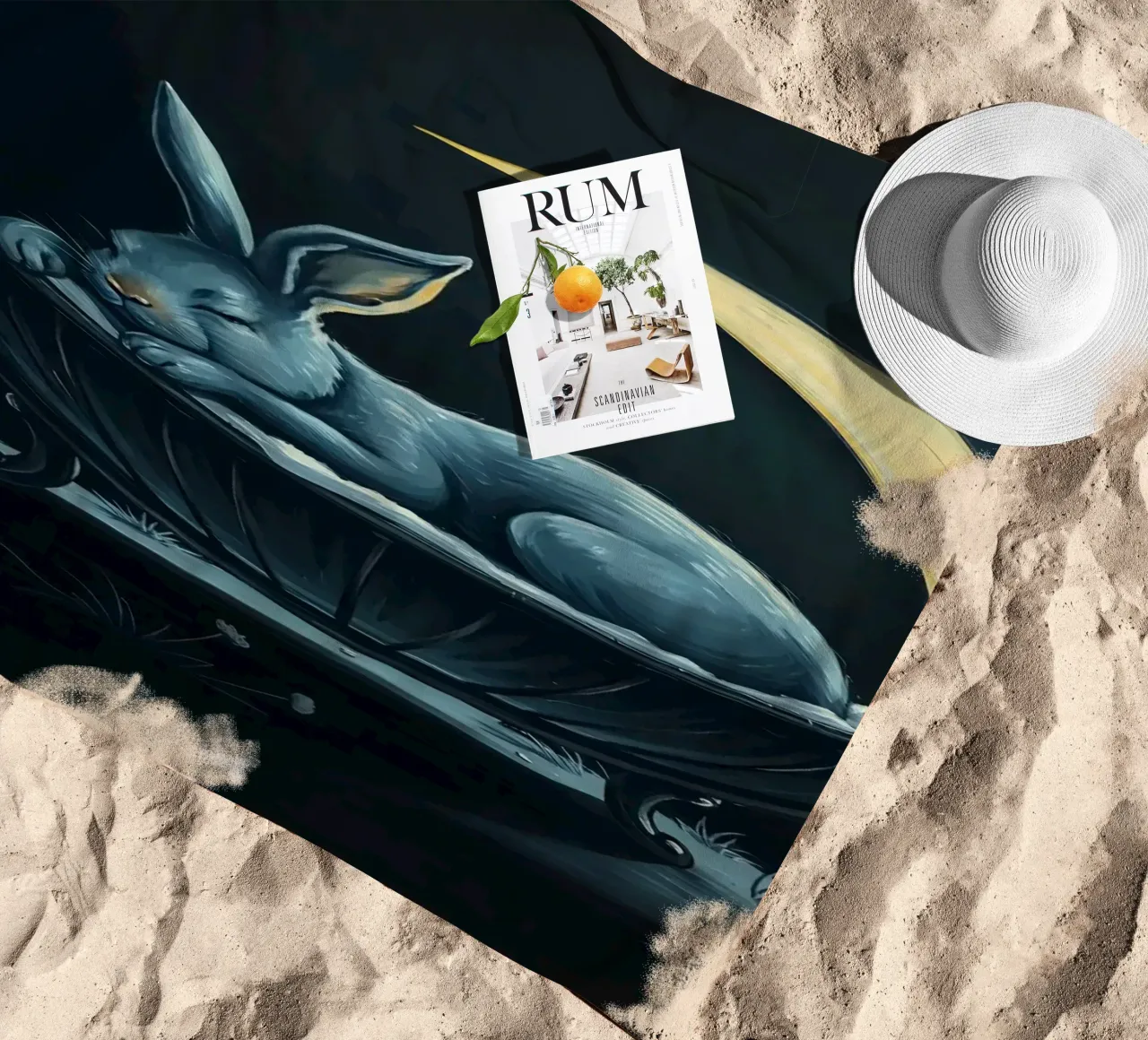 Scena notturna che ritrae un coniglio pacificamente addormentato in una culla telo mare da DesignDoodle