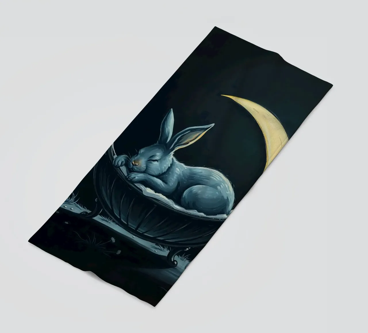 Scena notturna che ritrae un coniglio pacificamente addormentato in una culla telo mare da DesignDoodle