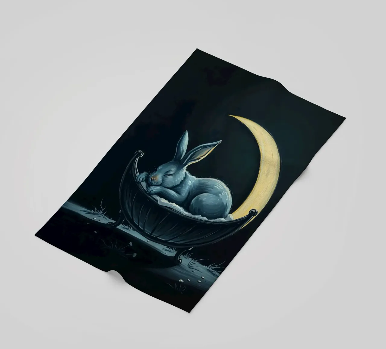 Scena notturna che ritrae un coniglio pacificamente addormentato in una culla telo mare da DesignDoodle