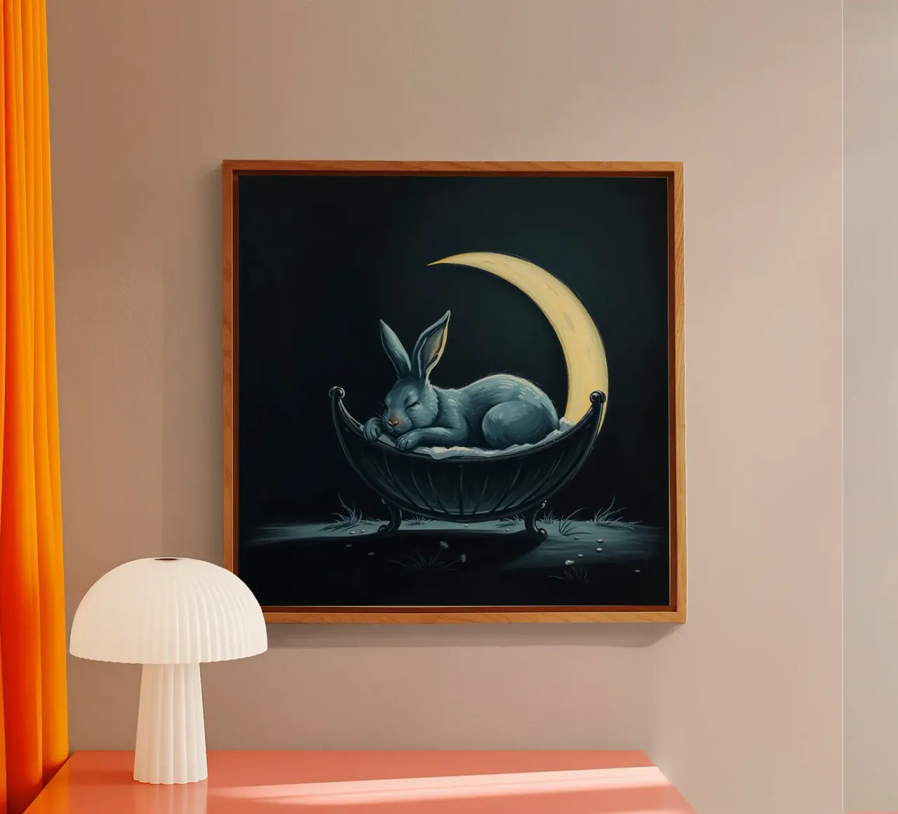 Scena notturna che ritrae un coniglio pacificamente addormentato in una culla plexiglass da DesignDoodle