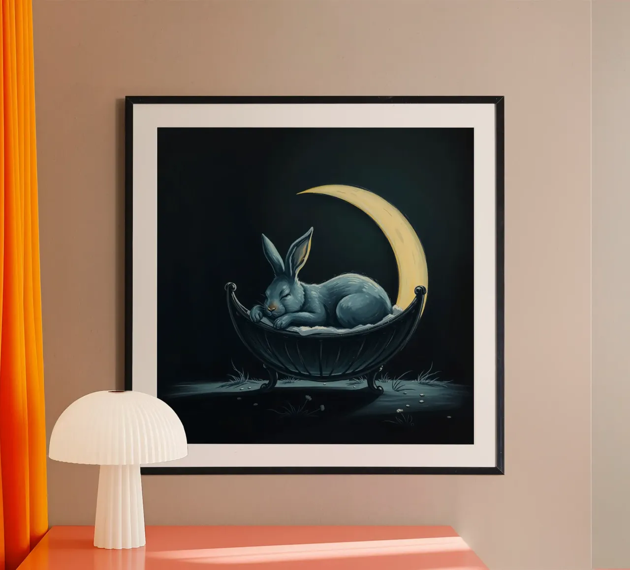 Scène nocturne représentant un lapin paisiblement endormi dans un berceau poster avec cadre en plastique de DesignDoodle