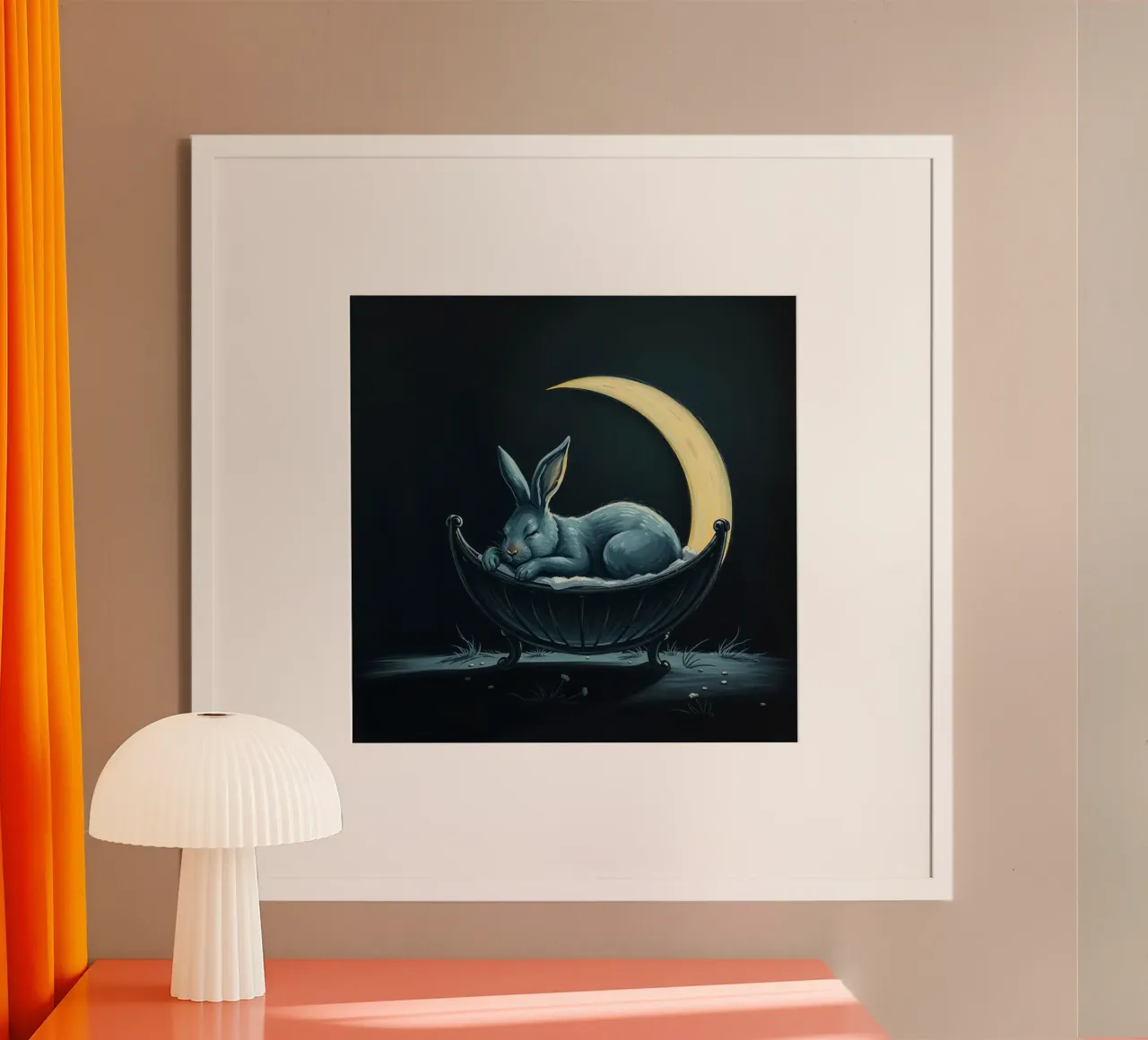 Scène nocturne représentant un lapin paisiblement endormi dans un berceau hahnemühle de DesignDoodle