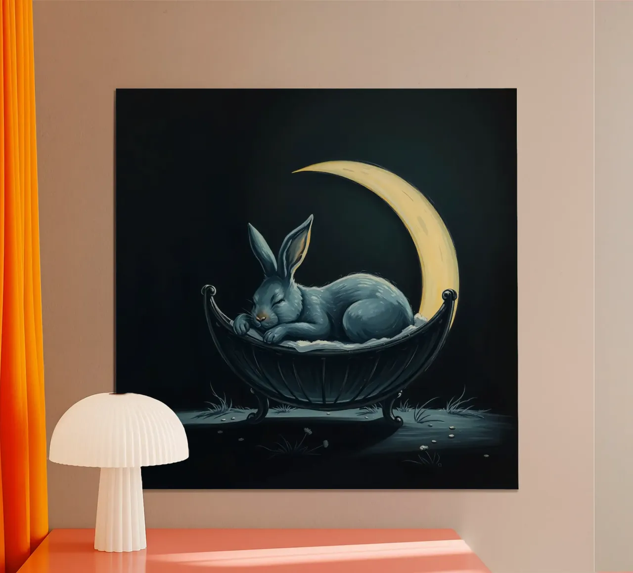 Scène nocturne représentant un lapin paisiblement endormi dans un berceau hahnemühle de DesignDoodle