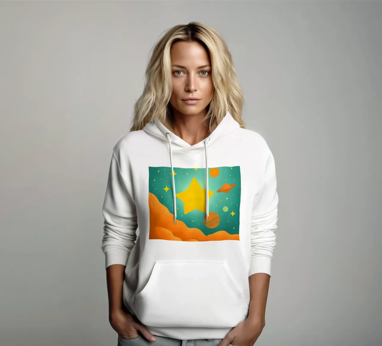 Bright celestial illustrations with a large star, planets hoodie by DesignDoodle
