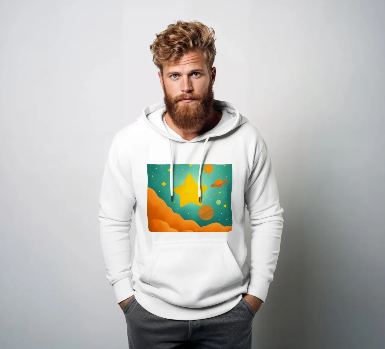 Bright celestial illustrations with a large star, planets hoodie by DesignDoodle