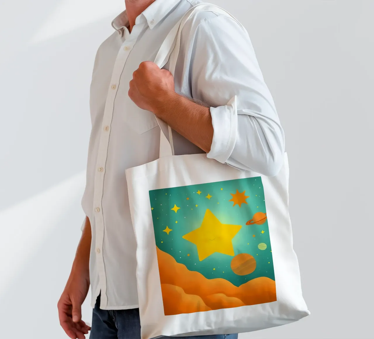 Helle Himmelsillustrationen mit einem großen Stern, Planeten Jutebeutel von DesignDoodle