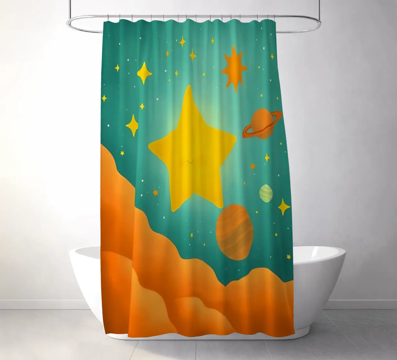 Bright celestial illustrations with a large star, planets shower curtain by DesignDoodle