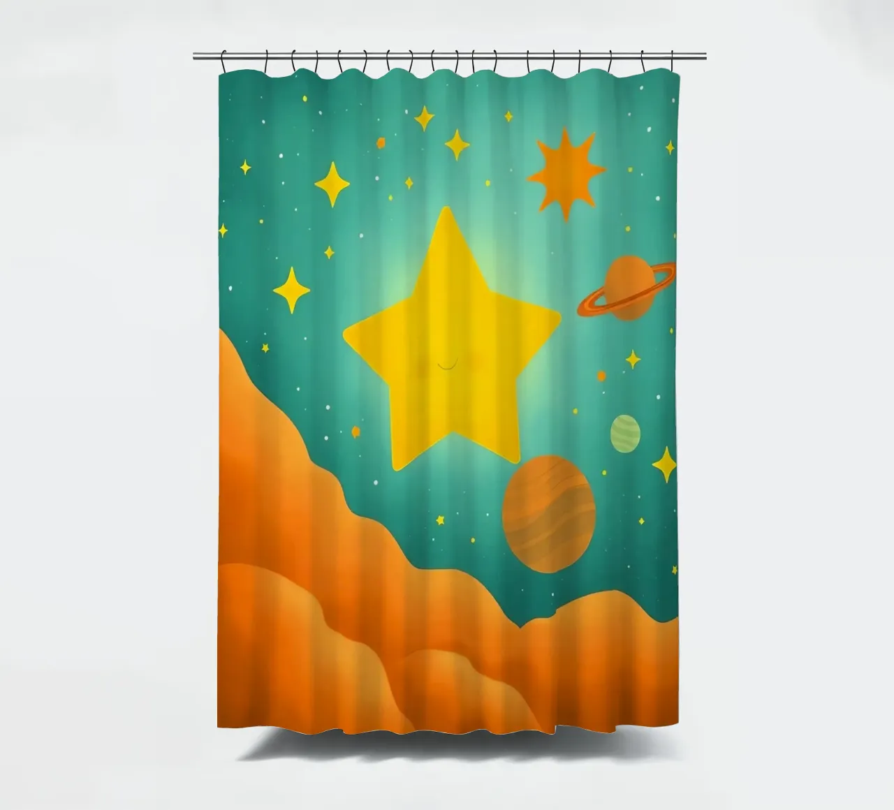 Bright celestial illustrations with a large star, planets shower curtain by DesignDoodle