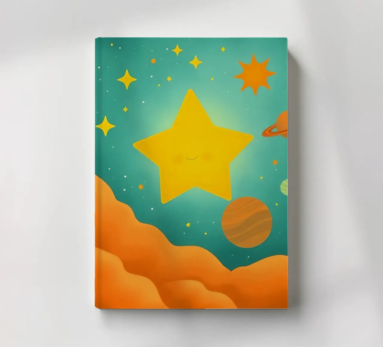Bright celestial illustrations with a large star, planets notebook by DesignDoodle