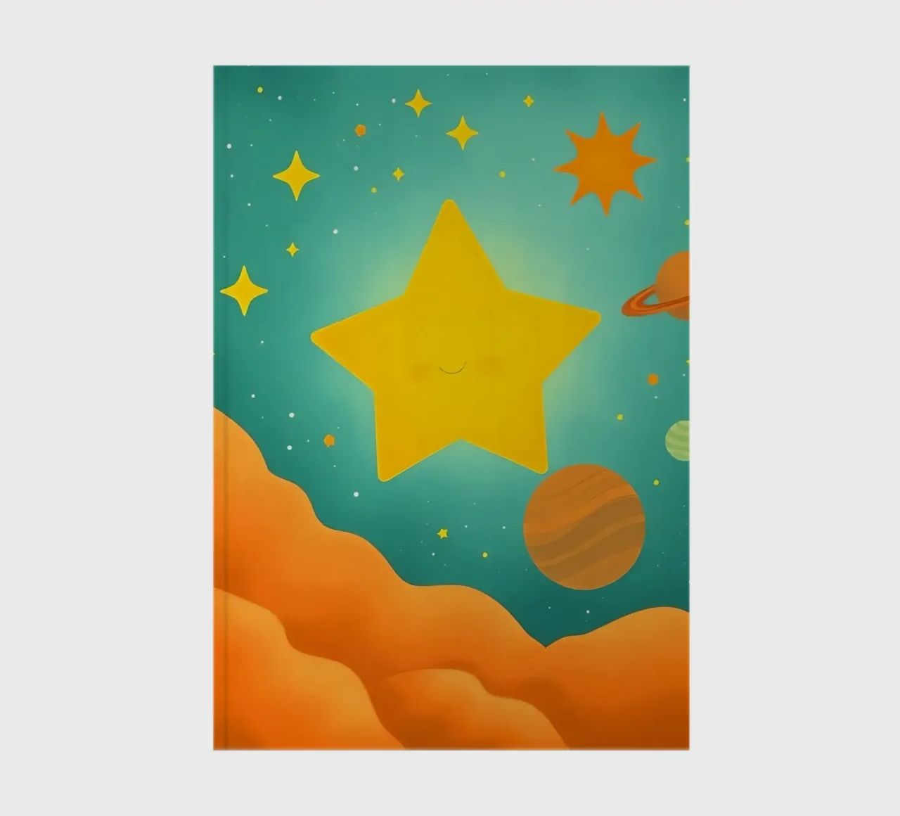 Bright celestial illustrations with a large star, planets notebook by DesignDoodle