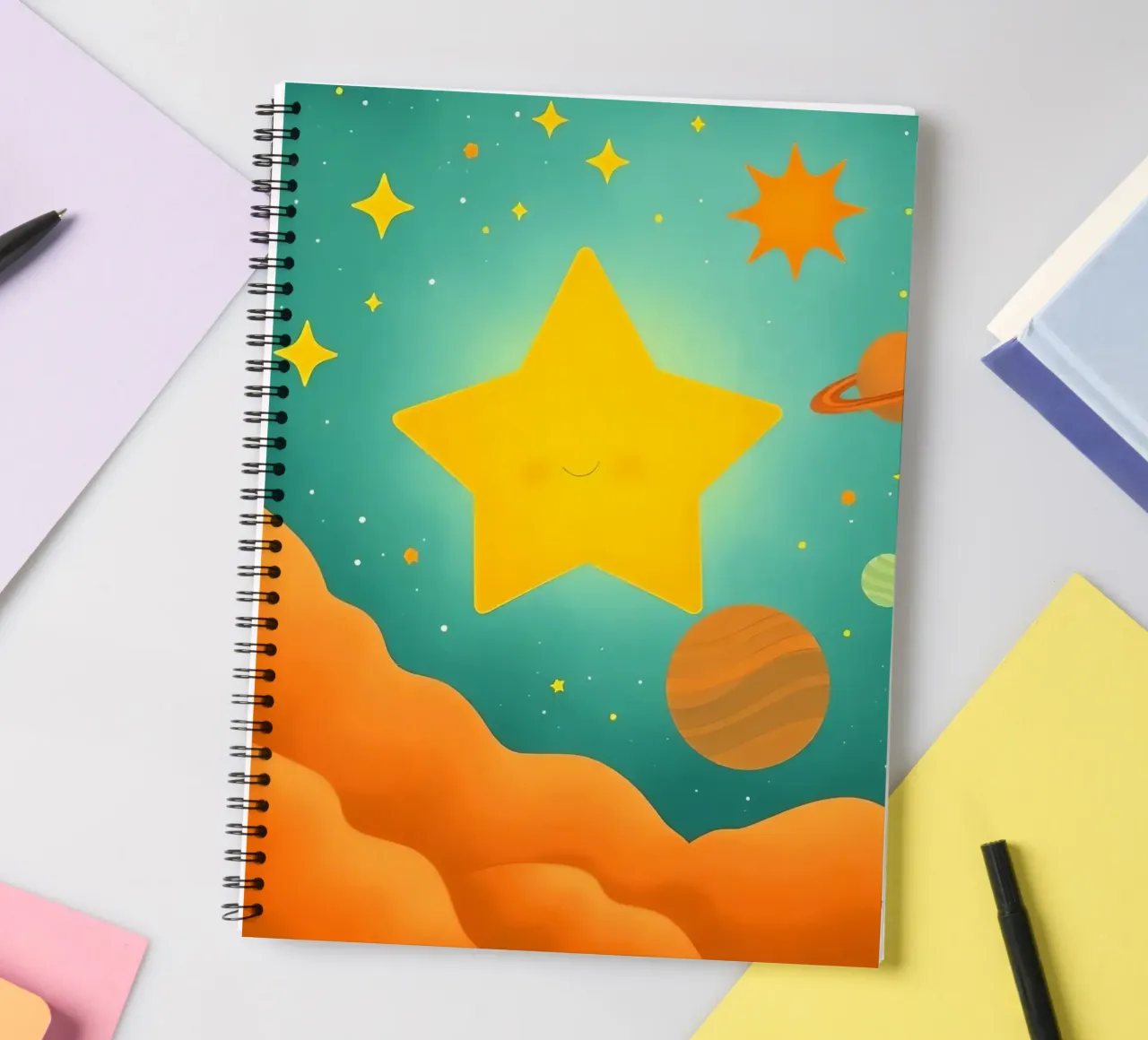 Helle Himmelsillustrationen mit einem großen Stern, Planeten Ringbuch von DesignDoodle