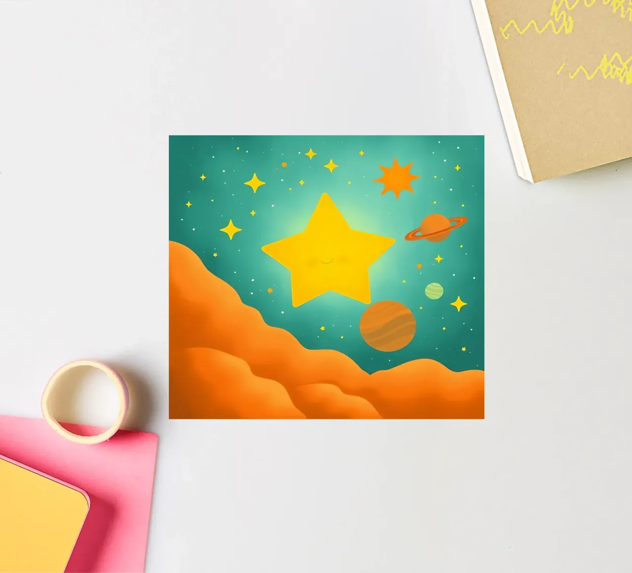 Luminose illustrazioni celesti con una grande stella, i pianeti adesivo da DesignDoodle