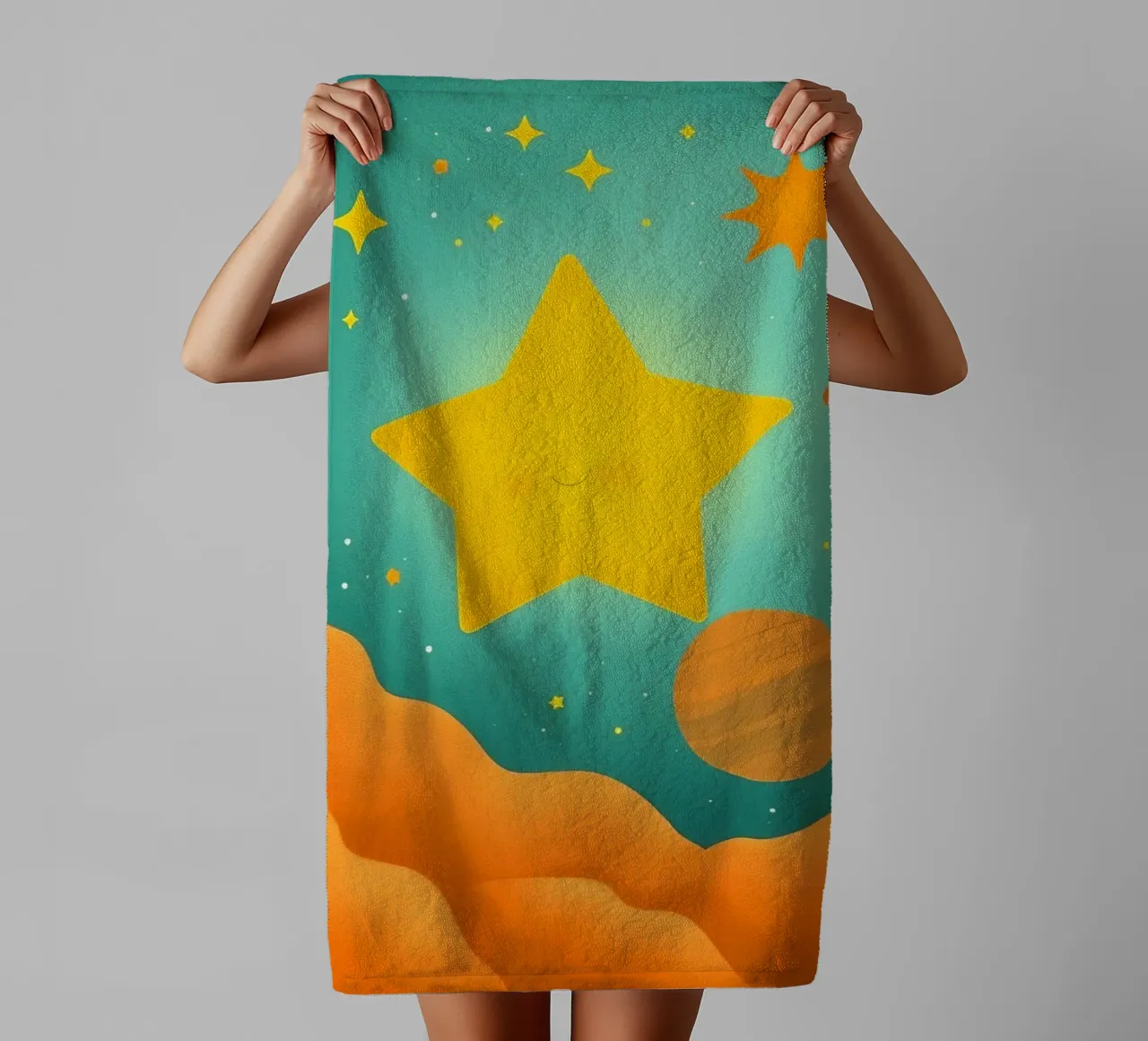 Bright celestial illustrations with a large star, planets towel by DesignDoodle