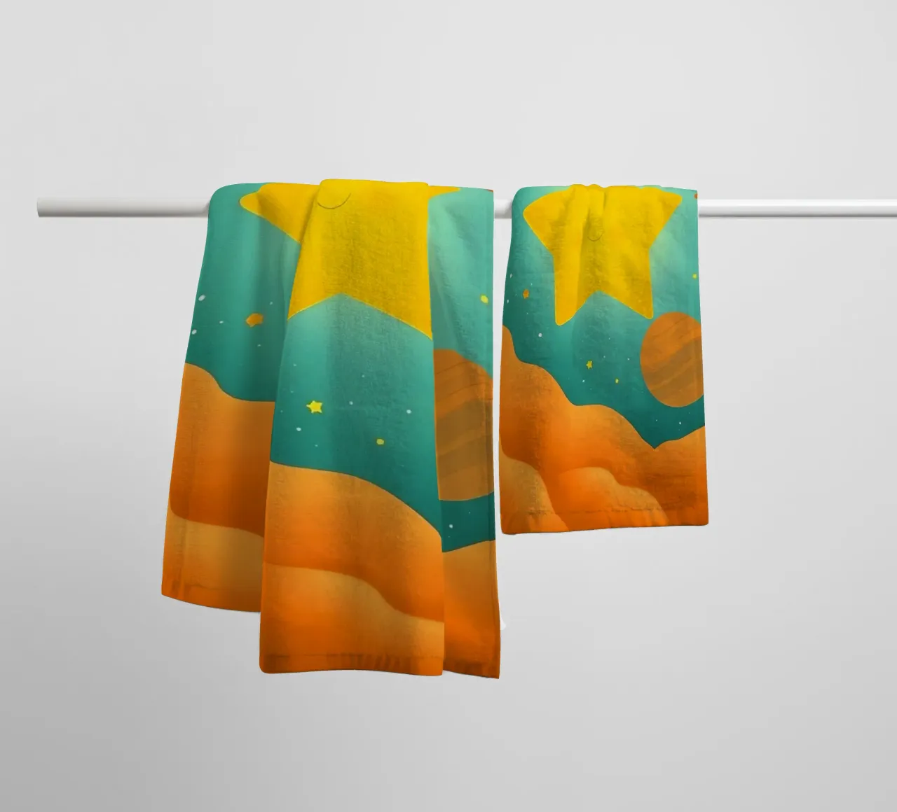 Bright celestial illustrations with a large star, planets towel by DesignDoodle