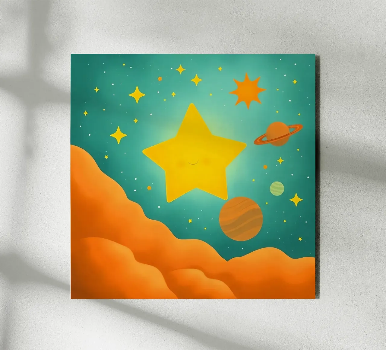 Bright celestial illustrations with a large star, planets alu-dibond by DesignDoodle