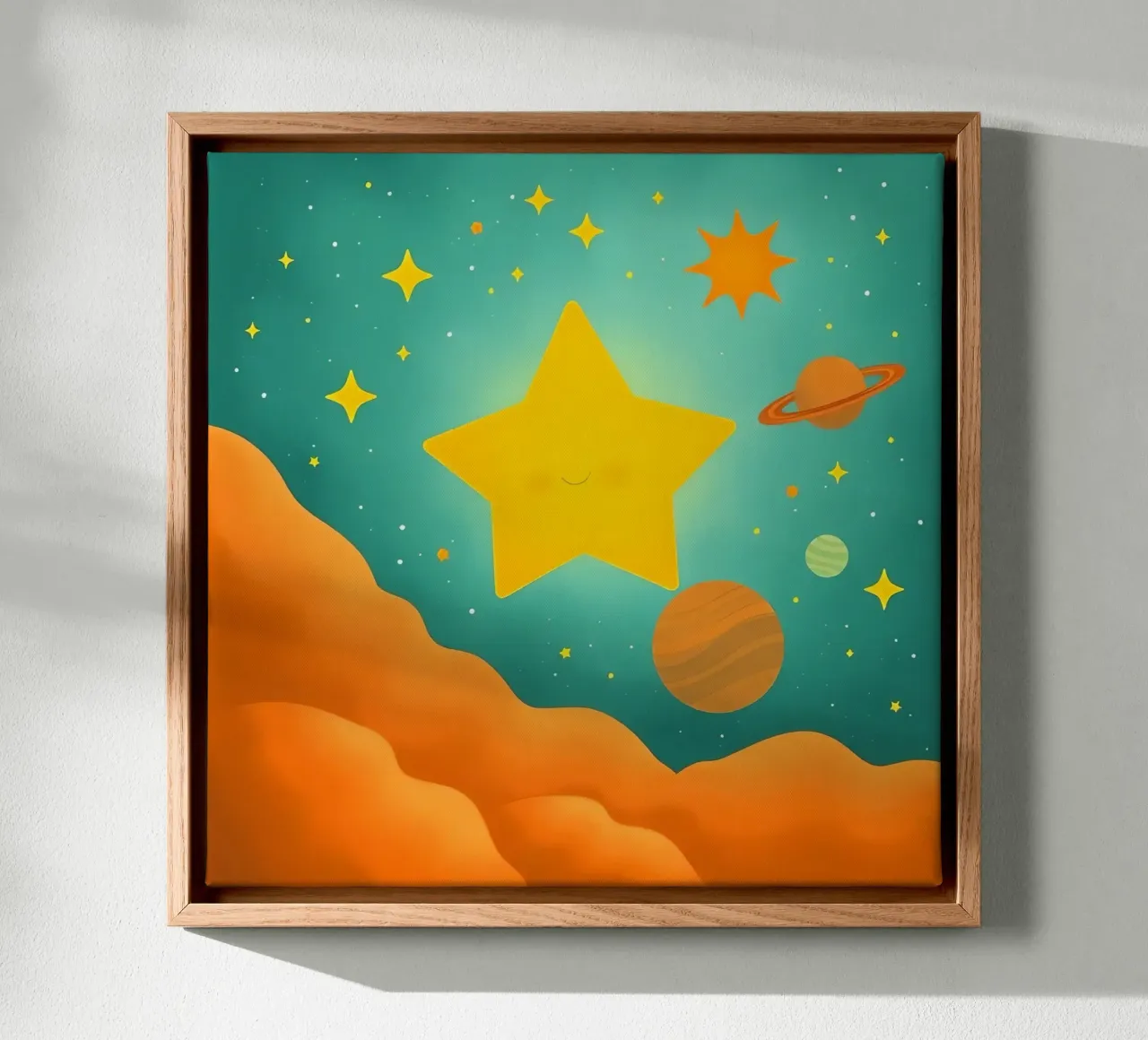 Bright celestial illustrations with a large star, planets canvas by DesignDoodle