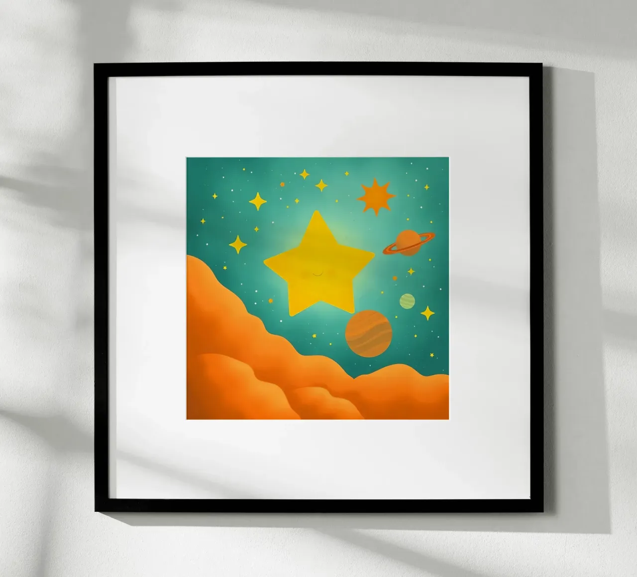 Luminose illustrazioni celesti con una grande stella, i pianeti carta hahnemühle da DesignDoodle