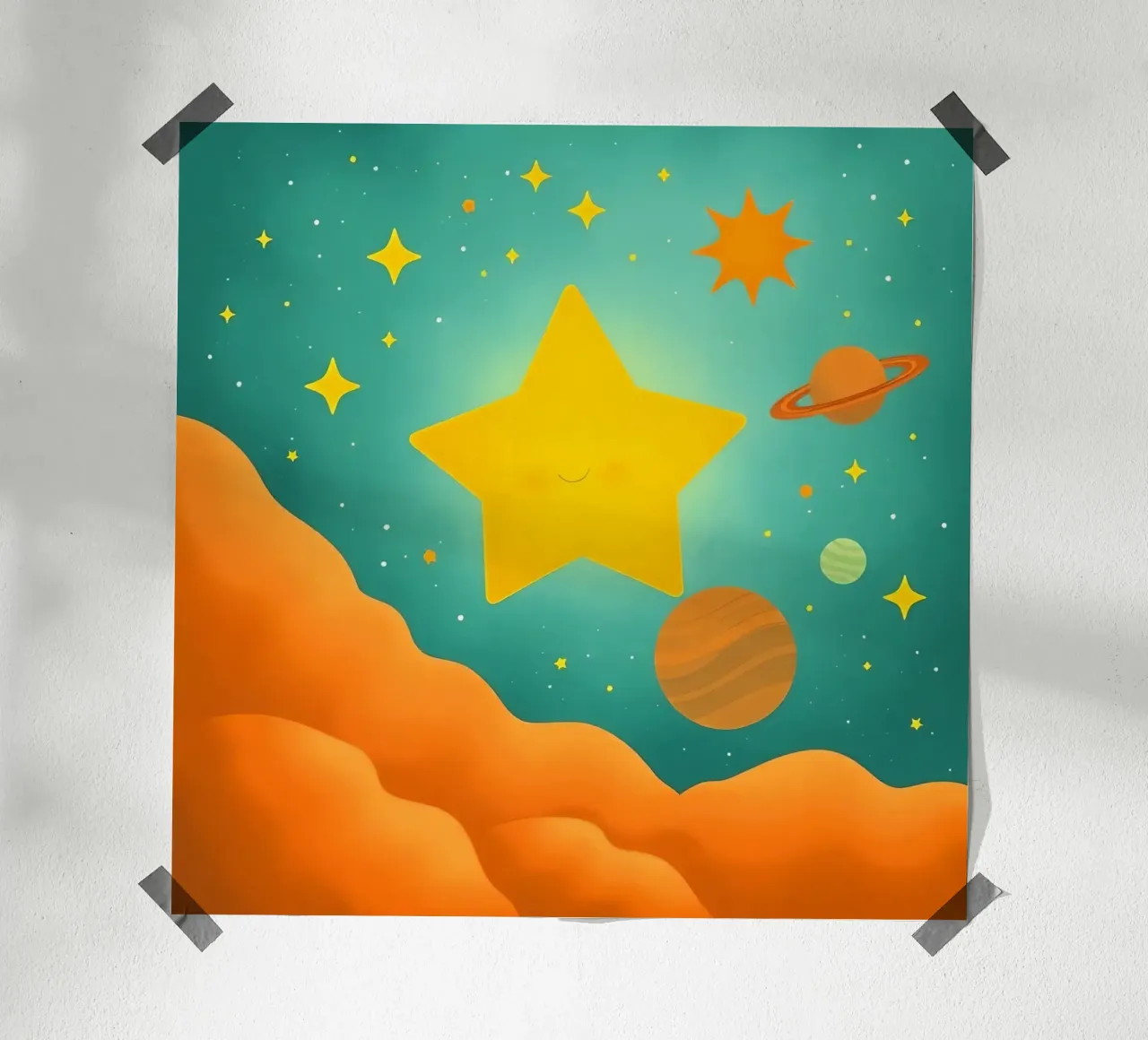 Luminose illustrazioni celesti con una grande stella, i pianeti carta hahnemühle da DesignDoodle