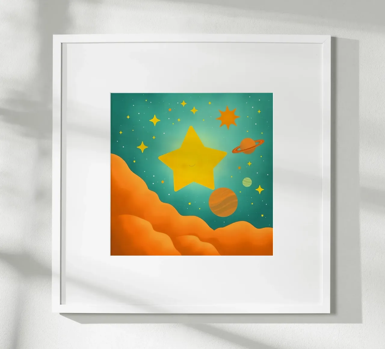 Luminose illustrazioni celesti con una grande stella, i pianeti carta hahnemühle da DesignDoodle