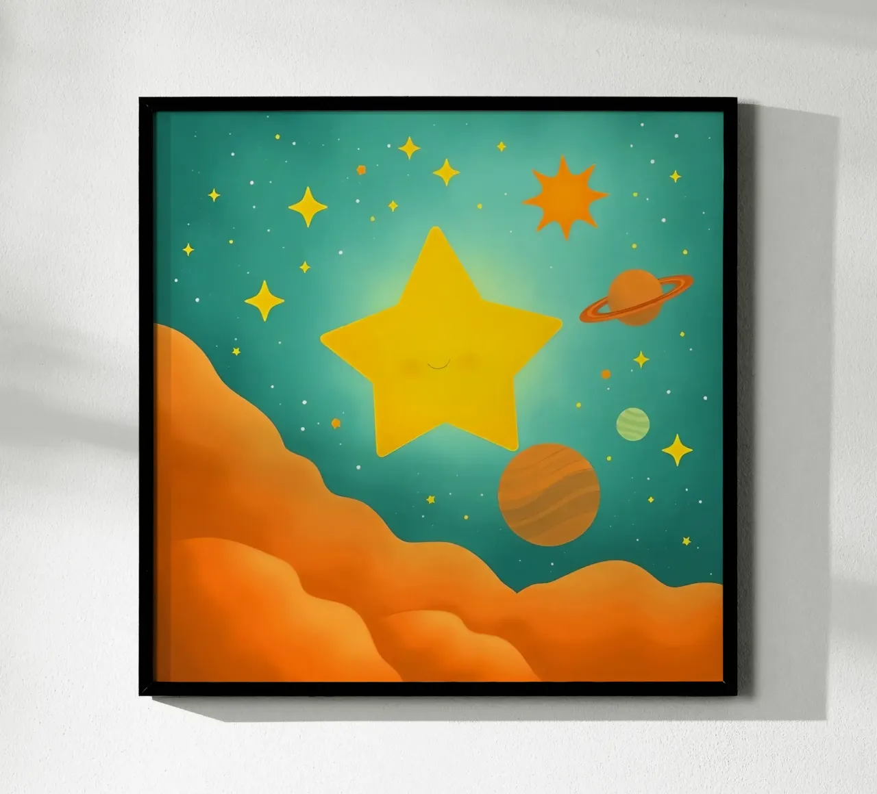 Luminose illustrazioni celesti con una grande stella, i pianeti carta hahnemühle da DesignDoodle