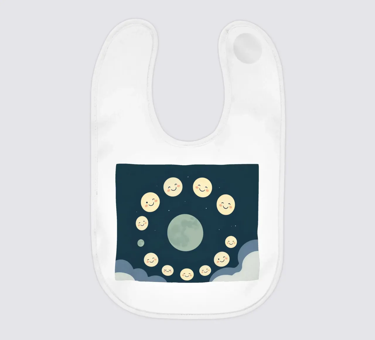 Smiling moons gather in a whimsical night sky baby bib by DesignDoodle