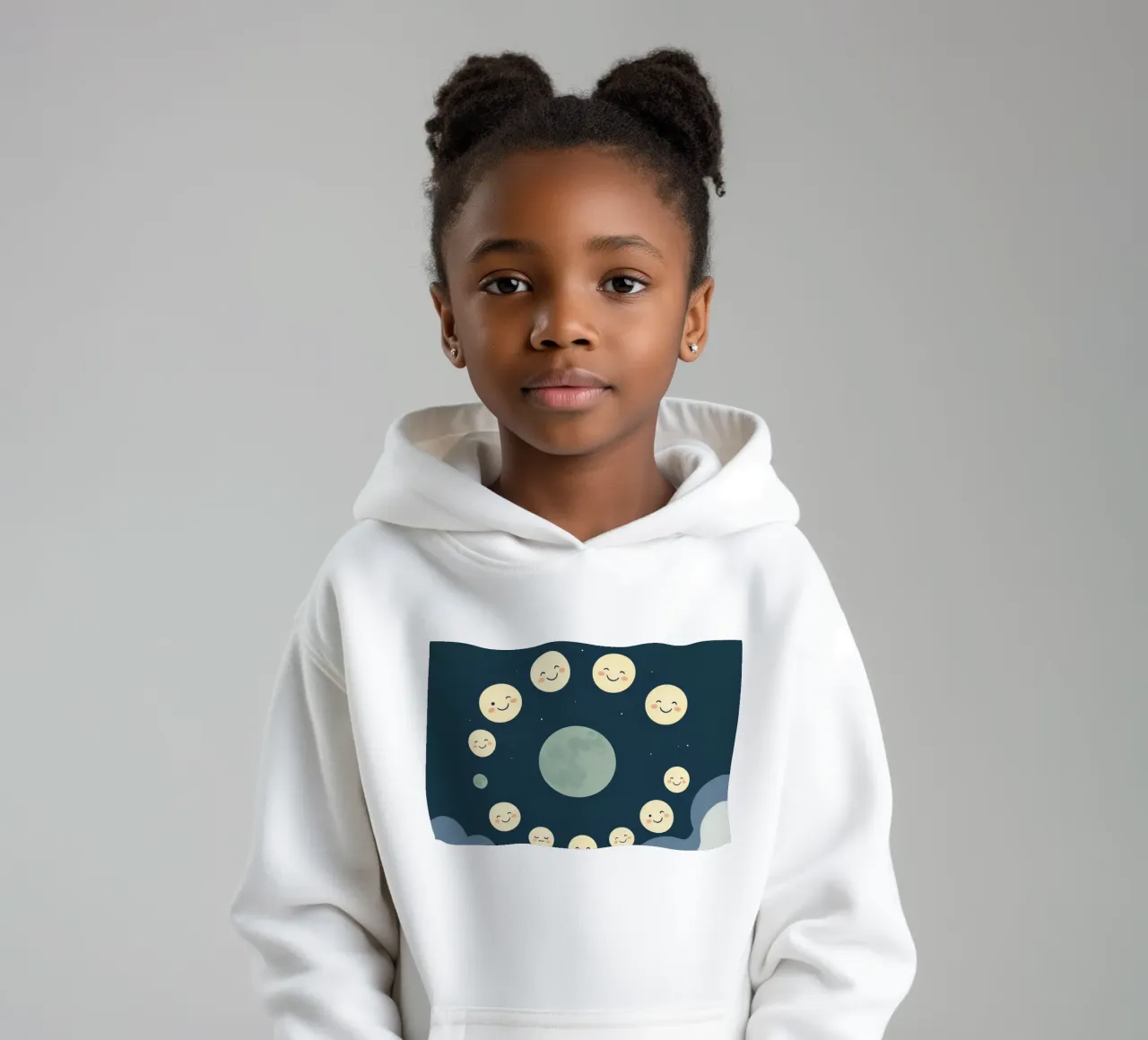 Smiling moons gather in a whimsical night sky kids hoodie by DesignDoodle