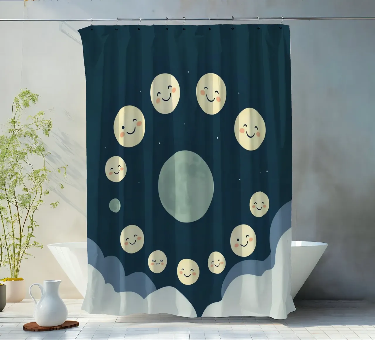Smiling moons gather in a whimsical night sky shower curtain by DesignDoodle