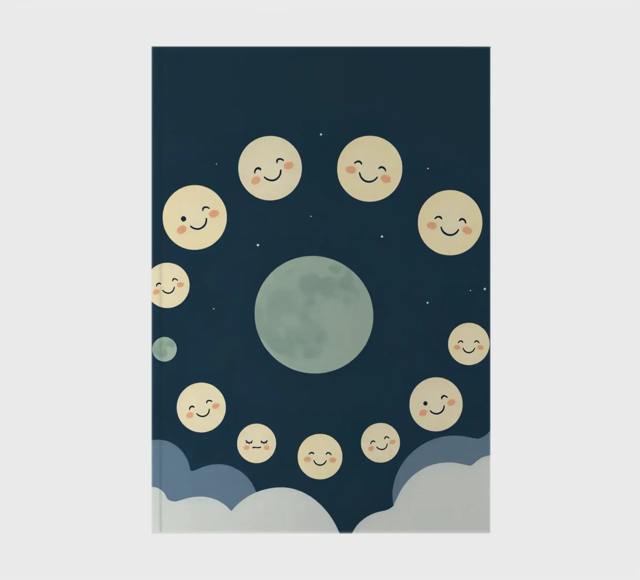 Smiling moons gather in a whimsical night sky notebook by DesignDoodle