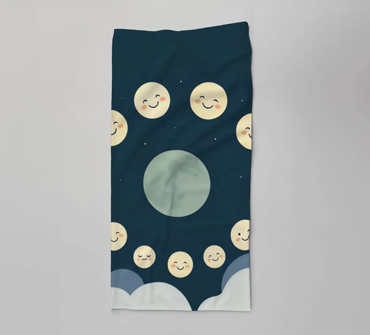 Smiling moons gather in a whimsical night sky towel by DesignDoodle