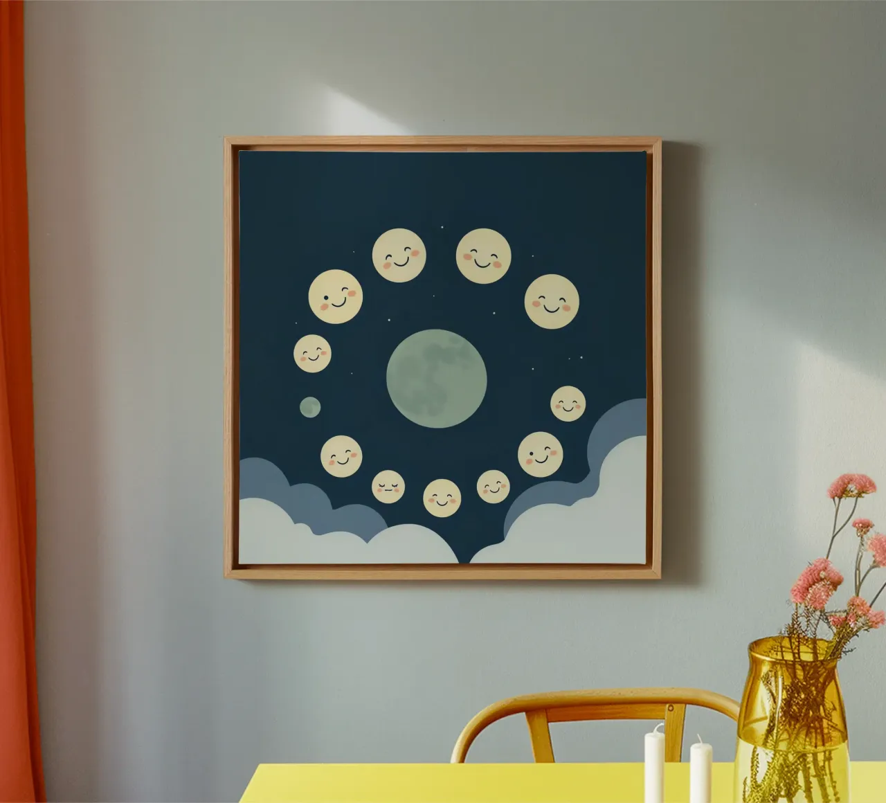Smiling moons gather in a whimsical night sky canvas with Floater frame by DesignDoodle