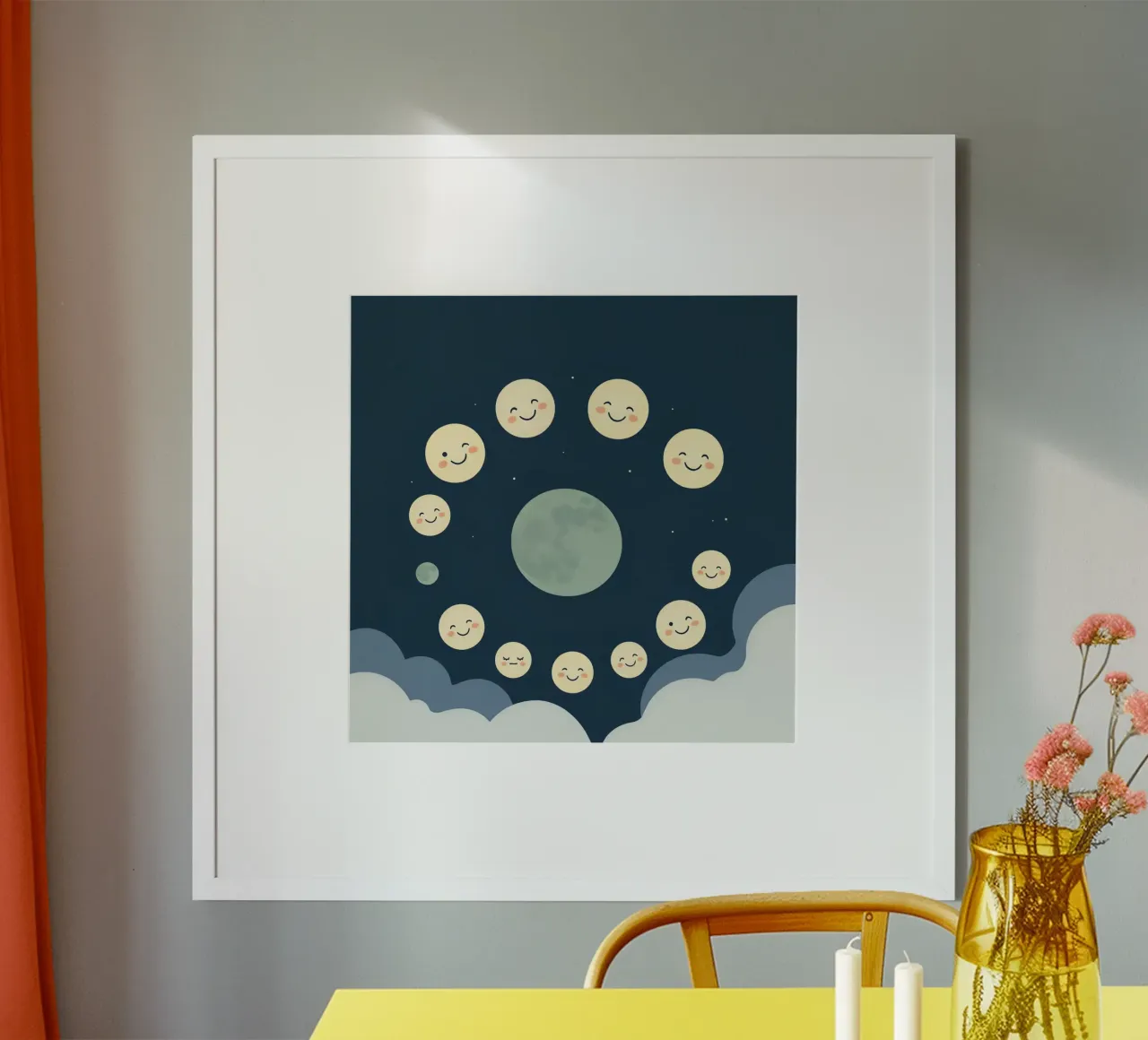 Smiling moons gather in a whimsical night sky poster by DesignDoodle