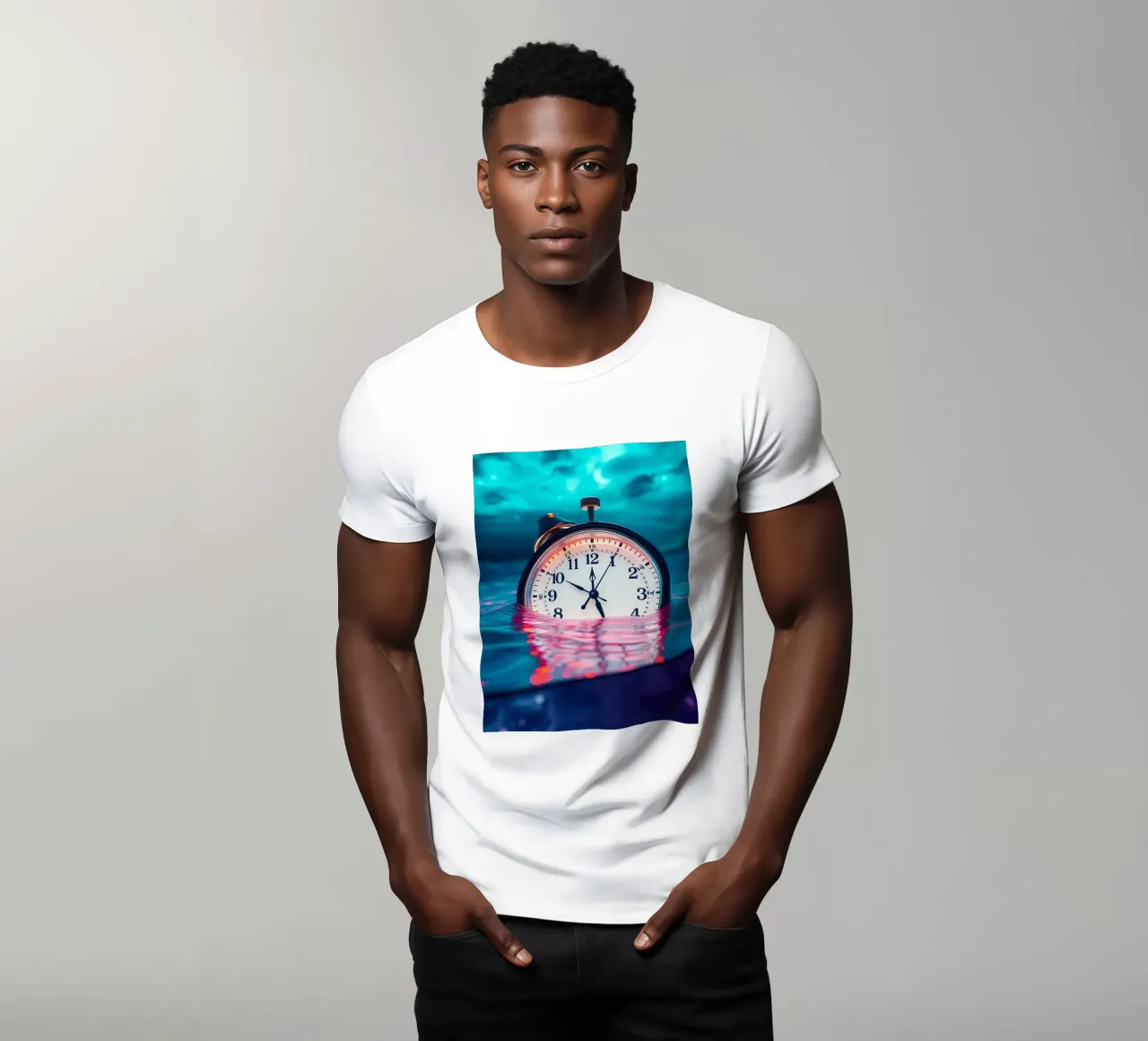 Orologio immerso nell'acqua con illuminazione scenografica e vorticosa. t-shirt da DesignDoodle