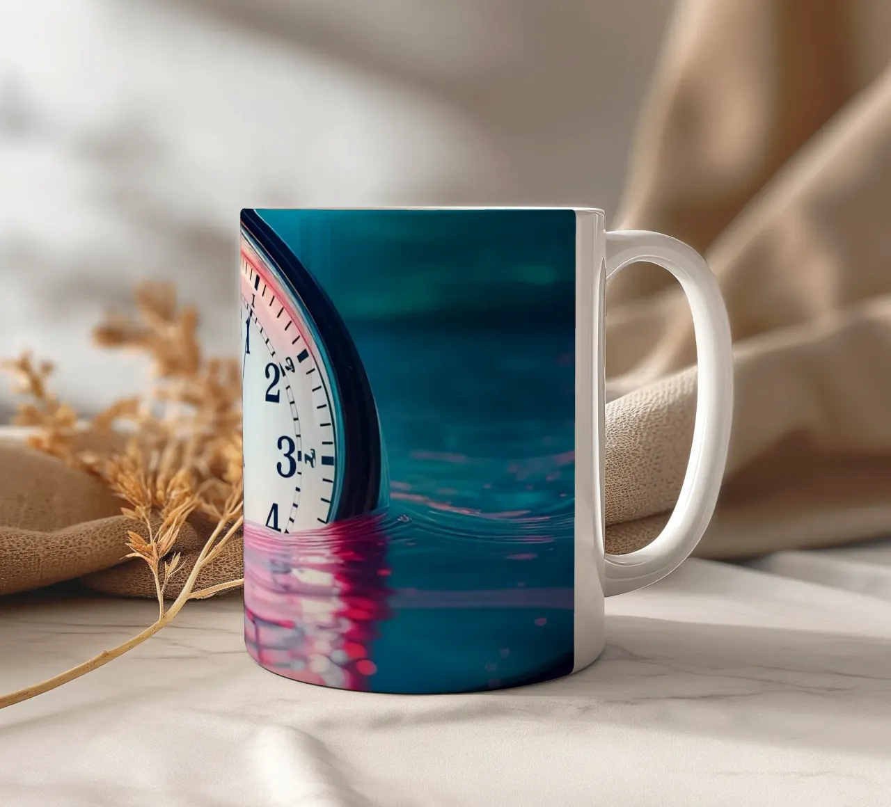 Clock submerged in water with dramatic lighting and swirling ceramic mug by DesignDoodle