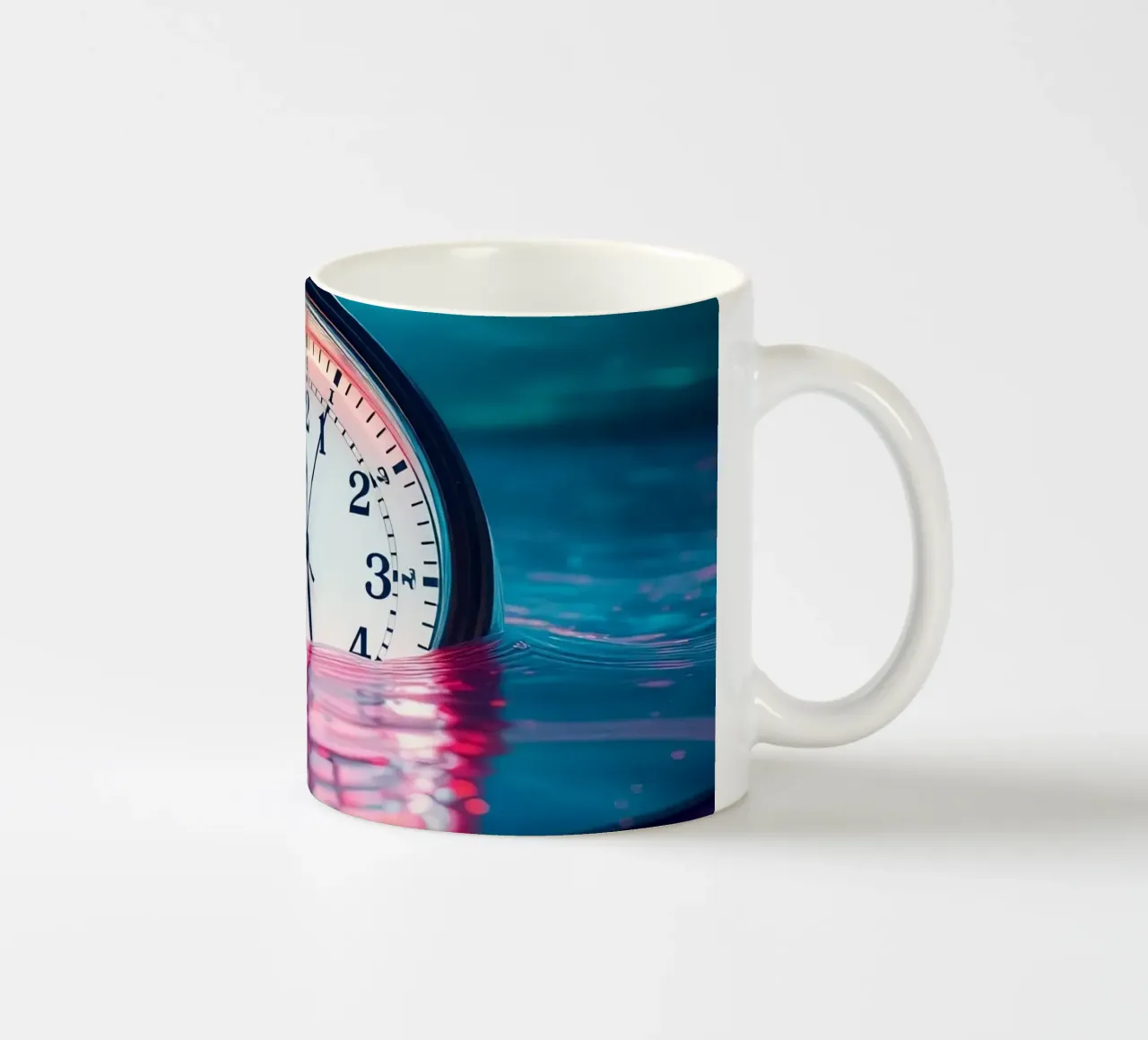 Clock submerged in water with dramatic lighting and swirling ceramic mug by DesignDoodle