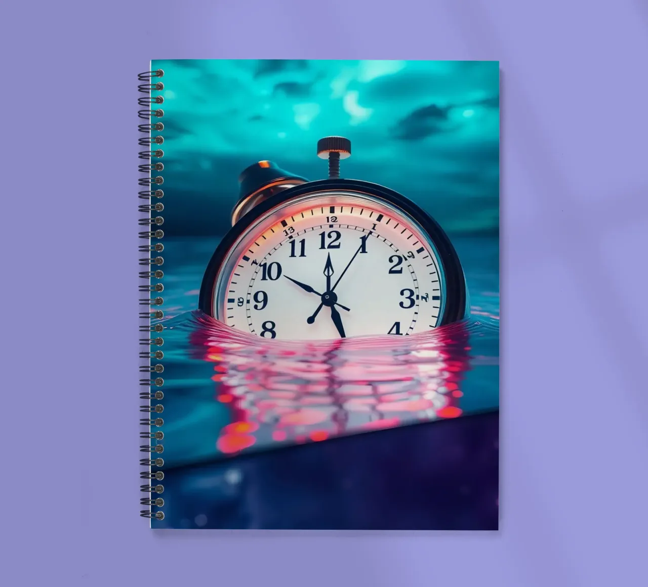 Clock submerged in water with dramatic lighting and swirling spiral notebook by DesignDoodle