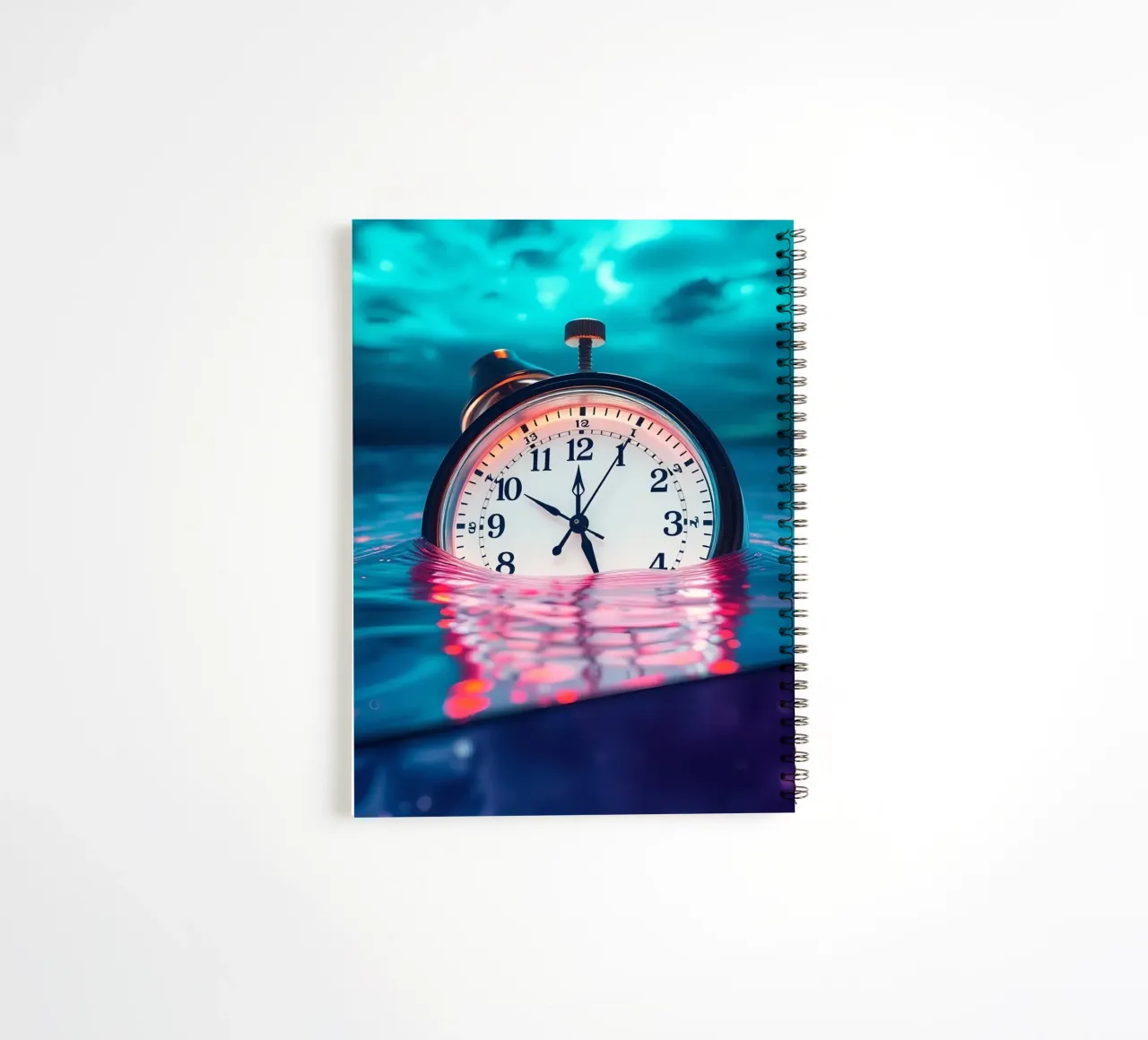 Clock submerged in water with dramatic lighting and swirling spiral notebook by DesignDoodle