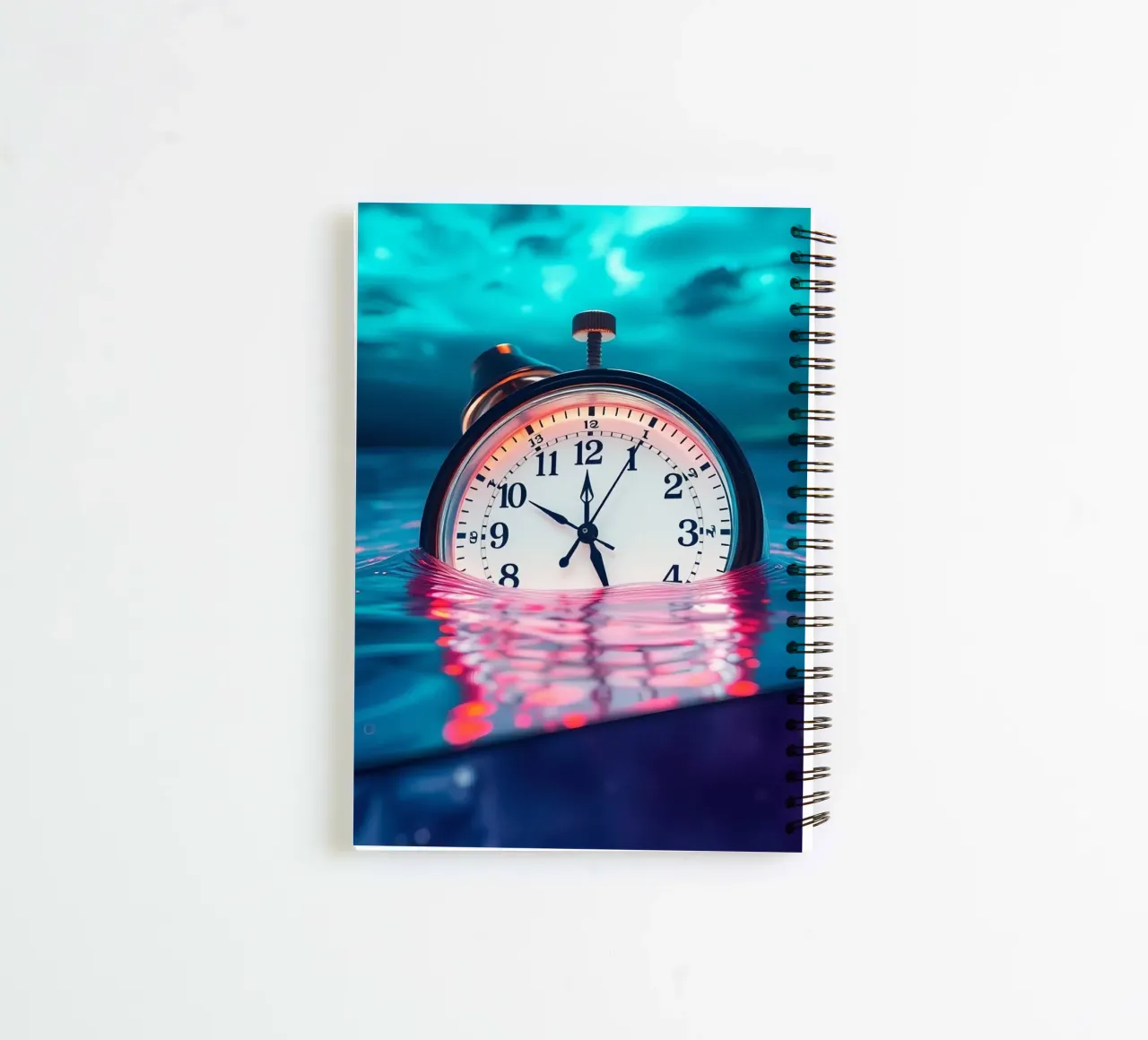 Clock submerged in water with dramatic lighting and swirling spiral notebook by DesignDoodle