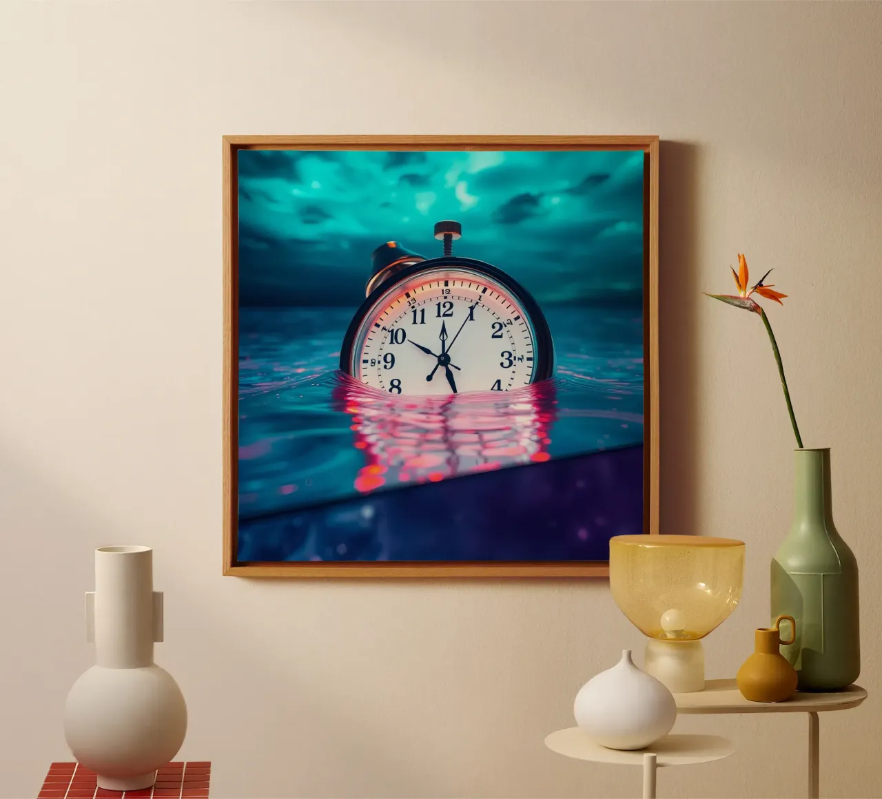 Clock submerged in water with dramatic lighting and swirling canvas with Floater frame by DesignDoodle