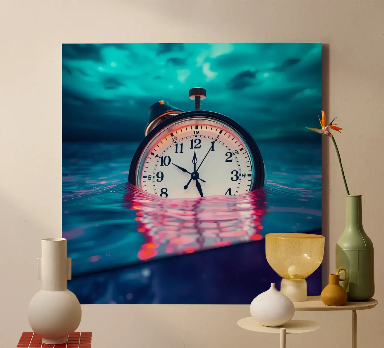 Clock submerged in water with dramatic lighting and swirling canvas with Floater frame by DesignDoodle