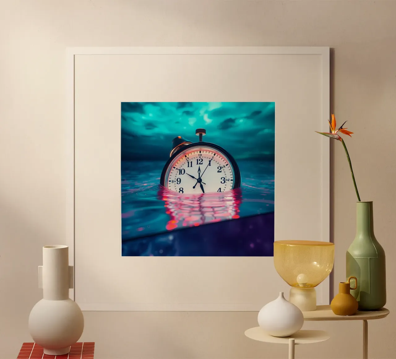 Clock submerged in water with dramatic lighting and swirling hahnemühle by DesignDoodle