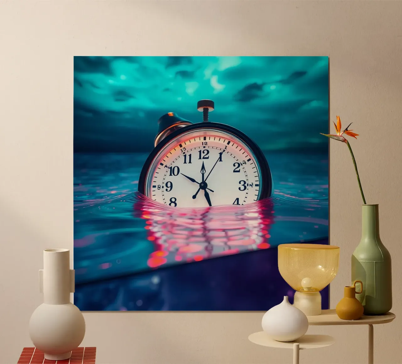 Clock submerged in water with dramatic lighting and swirling hahnemühle by DesignDoodle