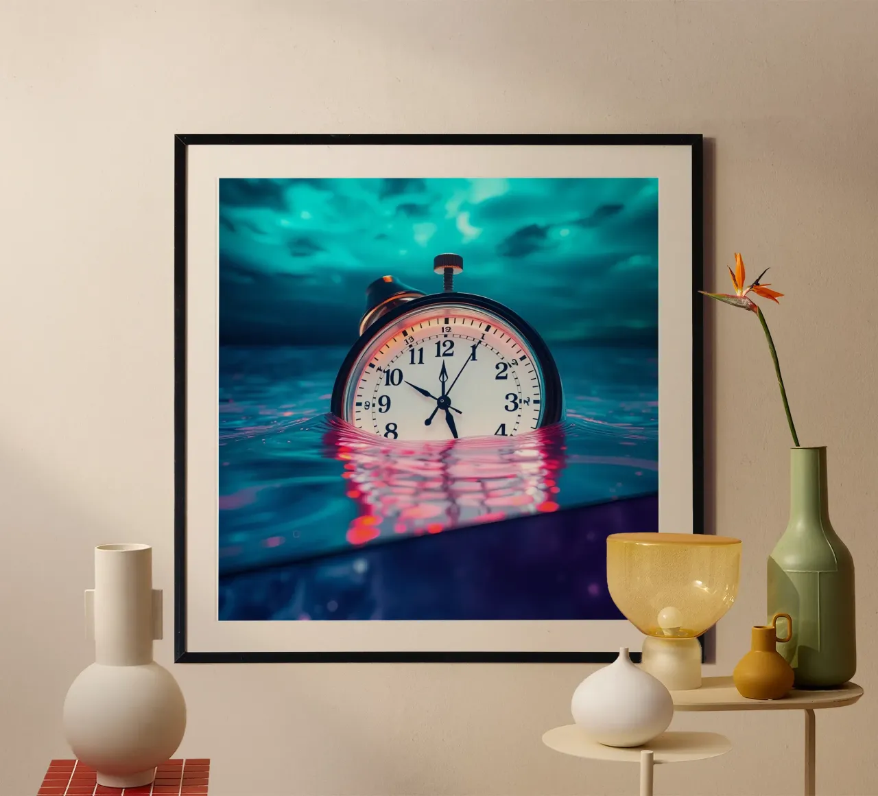 Clock submerged in water with dramatic lighting and swirling hahnemühle by DesignDoodle